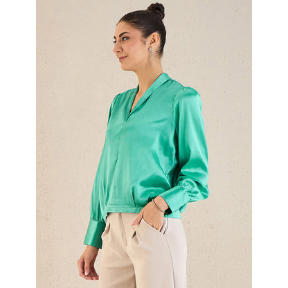 First Resort by Ramola Bachchan Turquoise Shawl Collar Satin Top