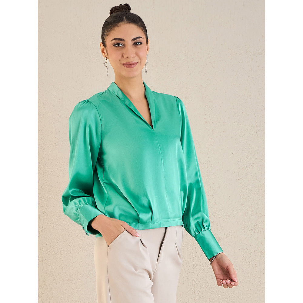 First Resort by Ramola Bachchan Turquoise Shawl Collar Satin Top