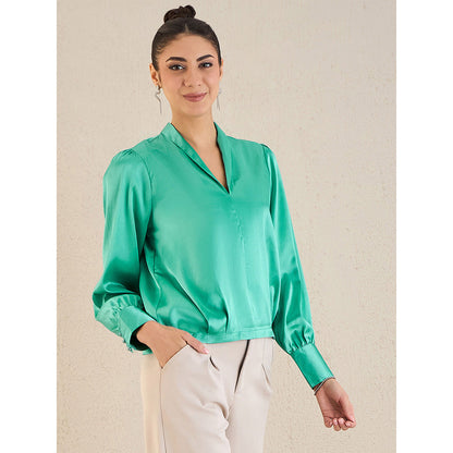 First Resort by Ramola Bachchan Turquoise Shawl Collar Satin Top