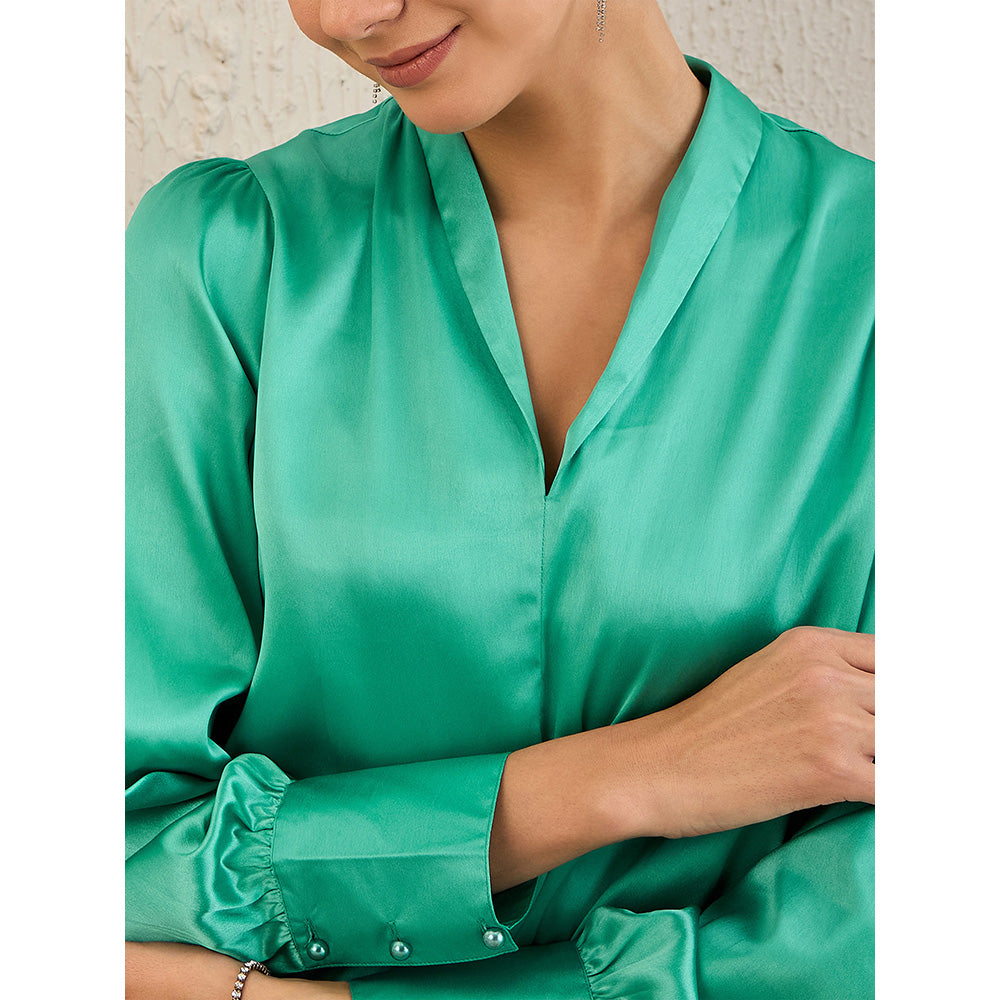 First Resort by Ramola Bachchan Turquoise Shawl Collar Satin Top