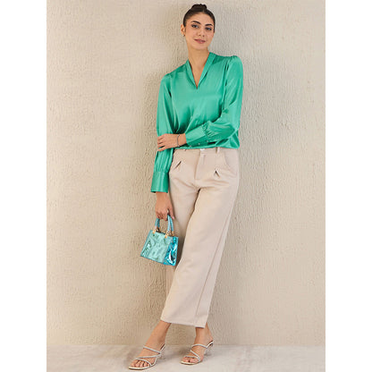 First Resort by Ramola Bachchan Turquoise Shawl Collar Satin Top