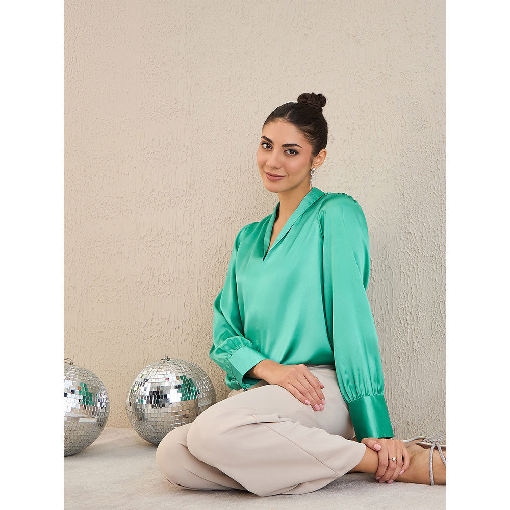 First Resort by Ramola Bachchan Turquoise Shawl Collar Satin Top