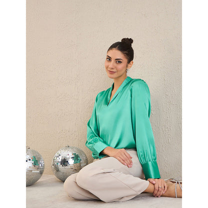 First Resort by Ramola Bachchan Turquoise Shawl Collar Satin Top