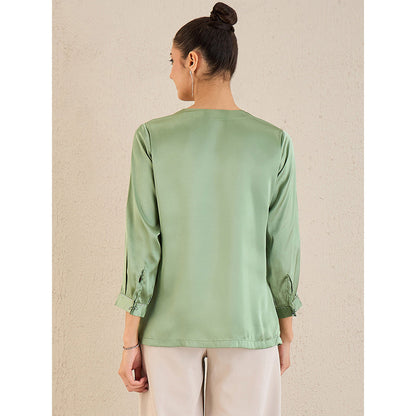 First Resort by Ramola Bachchan Tea Green Crystal Embellished Satin Top with Bow Detail