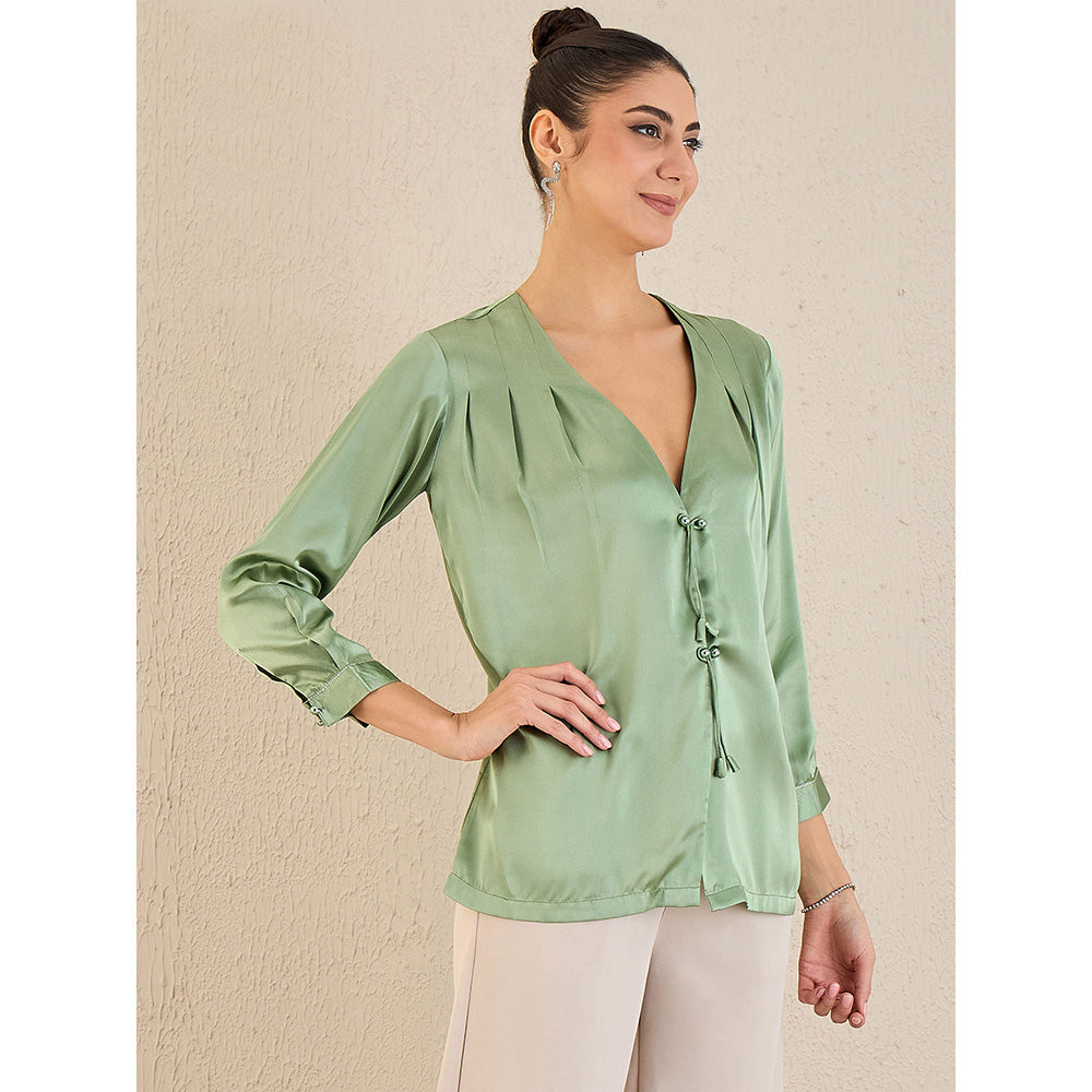 First Resort by Ramola Bachchan Tea Green Crystal Embellished Satin Top with Bow Detail