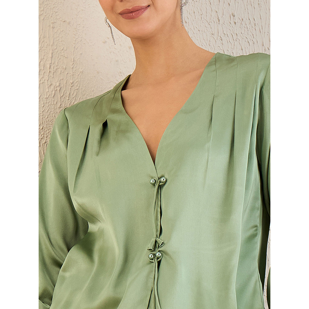 First Resort by Ramola Bachchan Tea Green Crystal Embellished Satin Top with Bow Detail