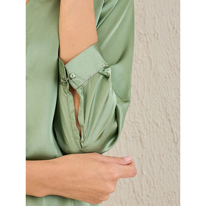First Resort by Ramola Bachchan Tea Green Crystal Embellished Satin Top with Bow Detail