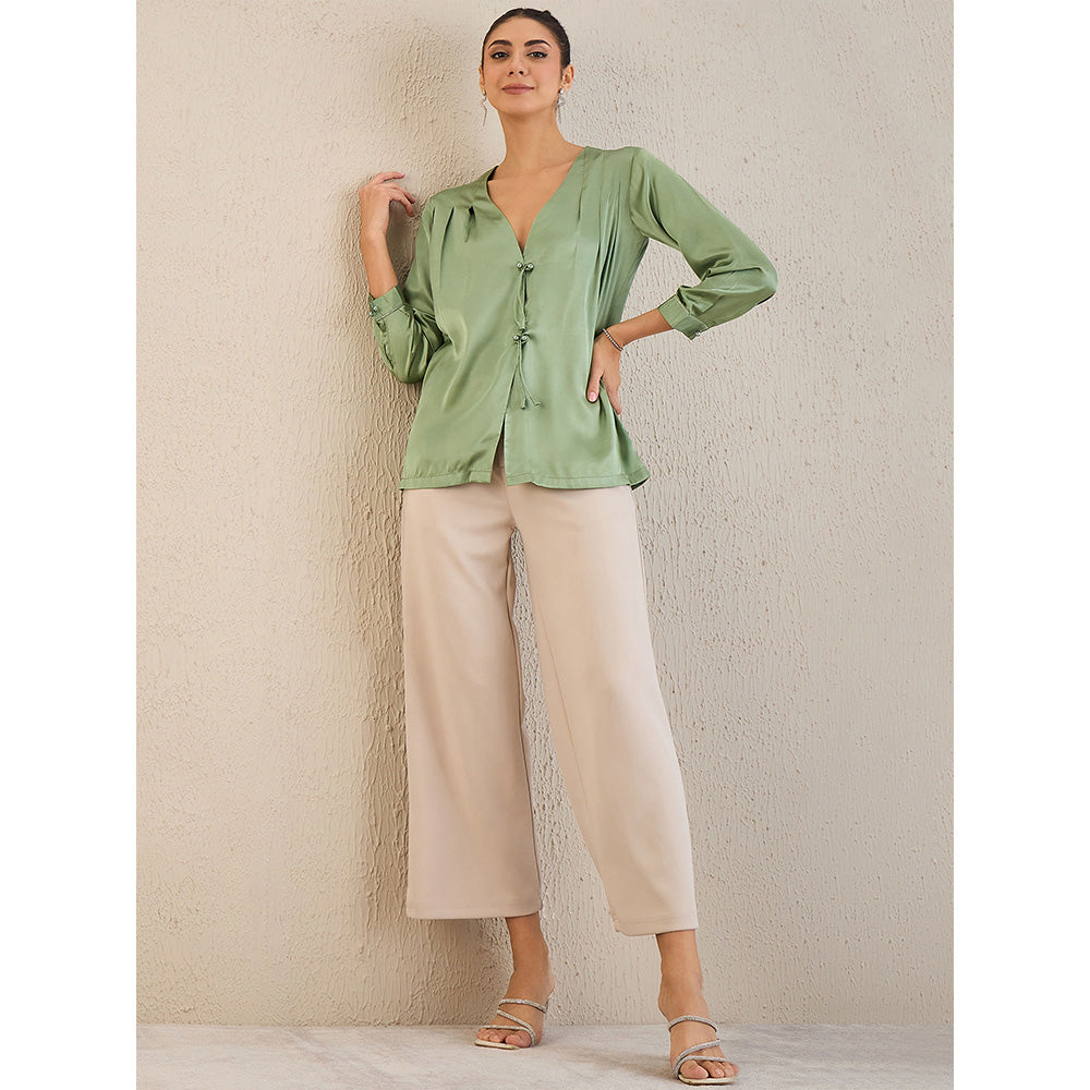 First Resort by Ramola Bachchan Tea Green Crystal Embellished Satin Top with Bow Detail