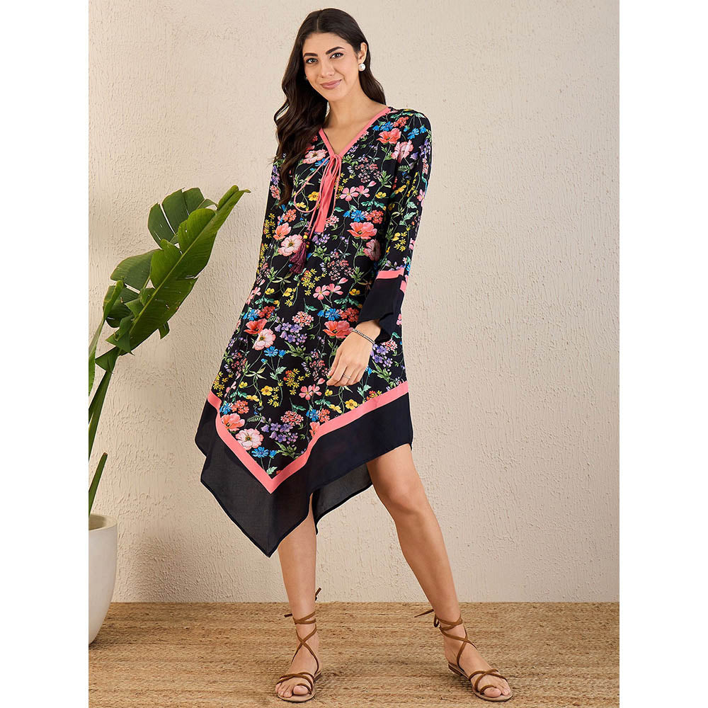 First Resort by Ramola Bachchan Black Flower Printed A-Lined Tunic Dress