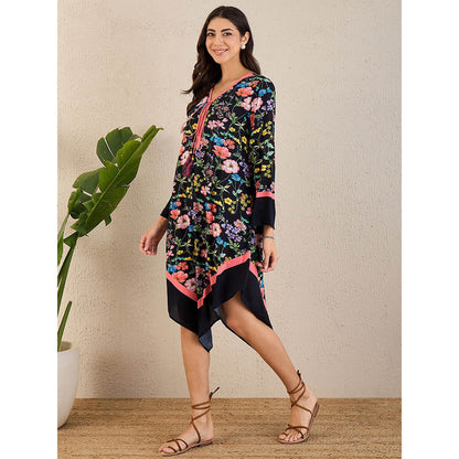 First Resort by Ramola Bachchan Black Flower Printed A-Lined Tunic Dress