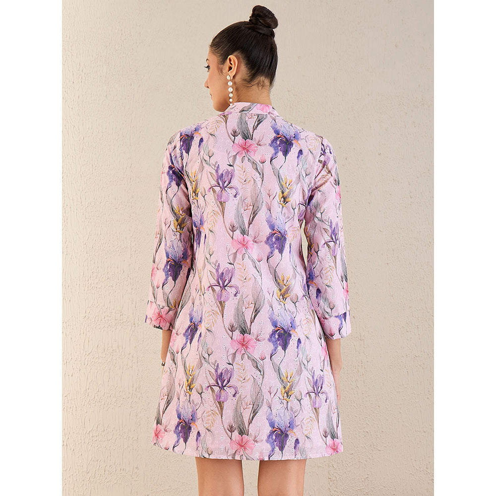 First Resort by Ramola Bachchan Baby Pink Botanical Print Schiffli Dress