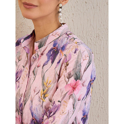 First Resort by Ramola Bachchan Baby Pink Botanical Print Schiffli Dress