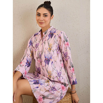 First Resort by Ramola Bachchan Baby Pink Botanical Print Schiffli Dress