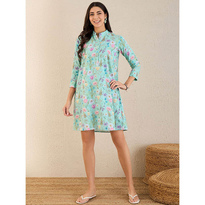 First Resort by Ramola Bachchan Aquamarine Floral Print Schiffli Dress