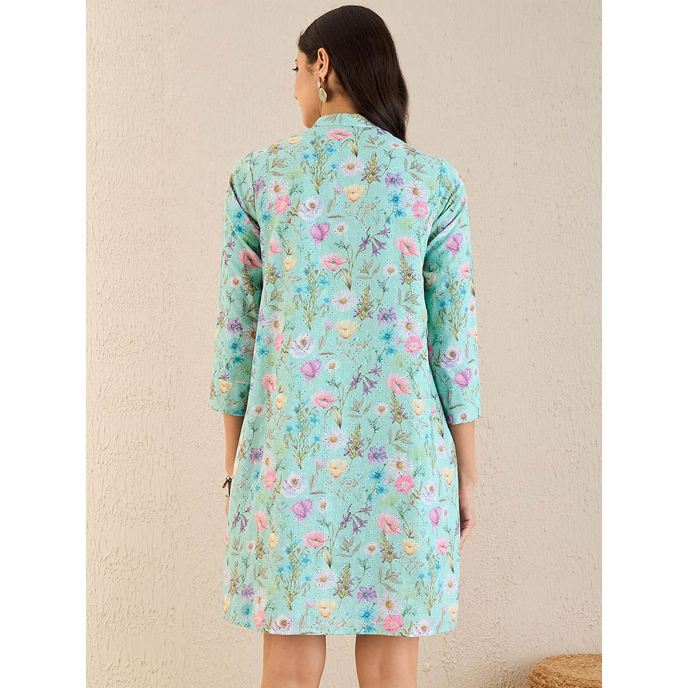 First Resort by Ramola Bachchan Aquamarine Floral Print Schiffli Dress