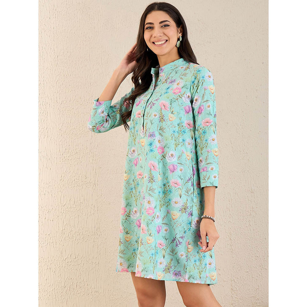 First Resort by Ramola Bachchan Aquamarine Floral Print Schiffli Dress