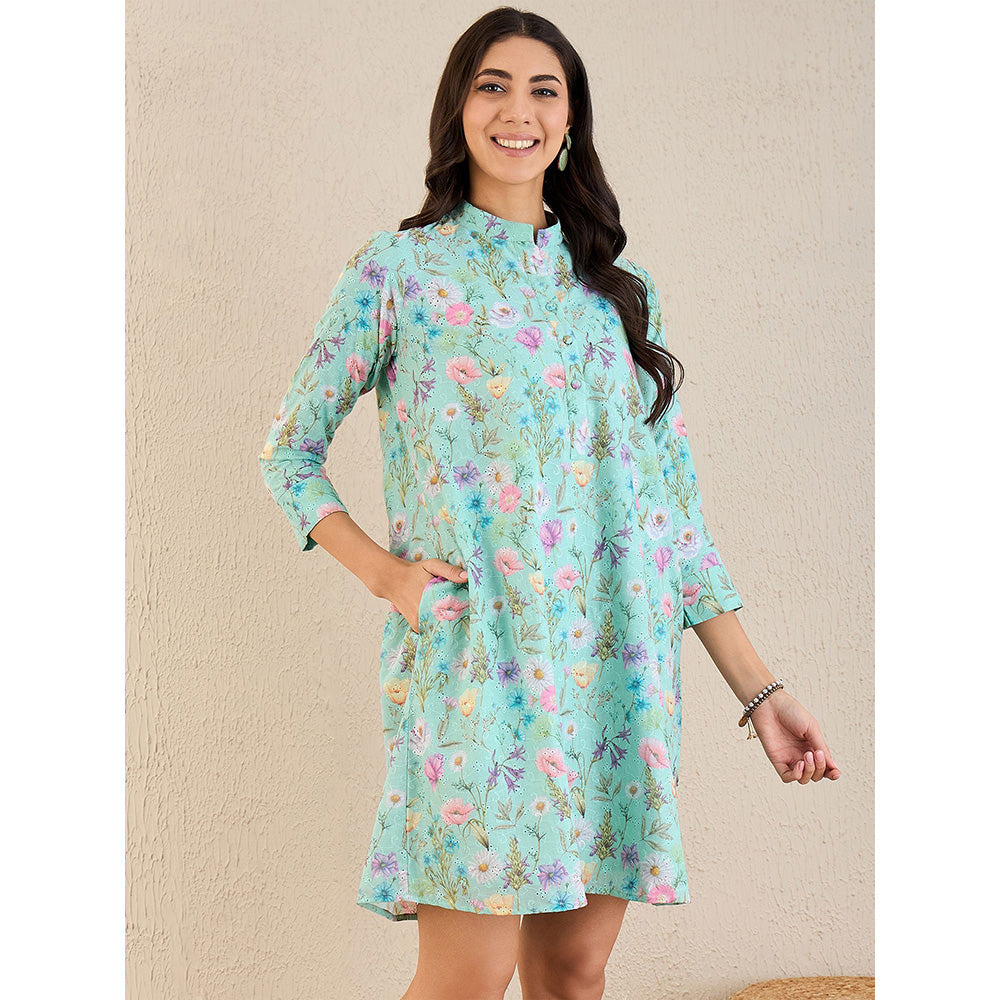 First Resort by Ramola Bachchan Aquamarine Floral Print Schiffli Dress