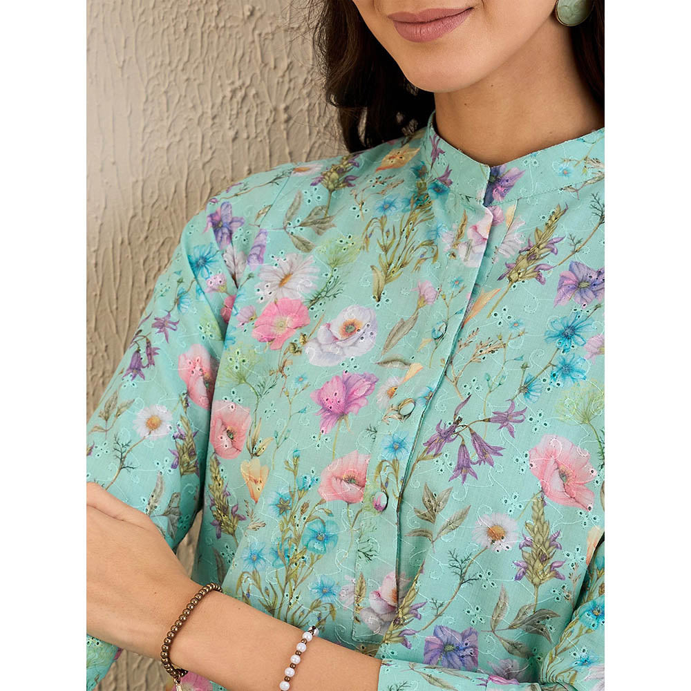 First Resort by Ramola Bachchan Aquamarine Floral Print Schiffli Dress