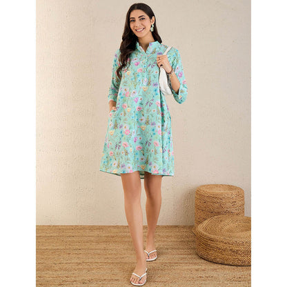 First Resort by Ramola Bachchan Aquamarine Floral Print Schiffli Dress