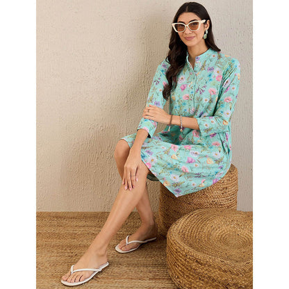 First Resort by Ramola Bachchan Aquamarine Floral Print Schiffli Dress