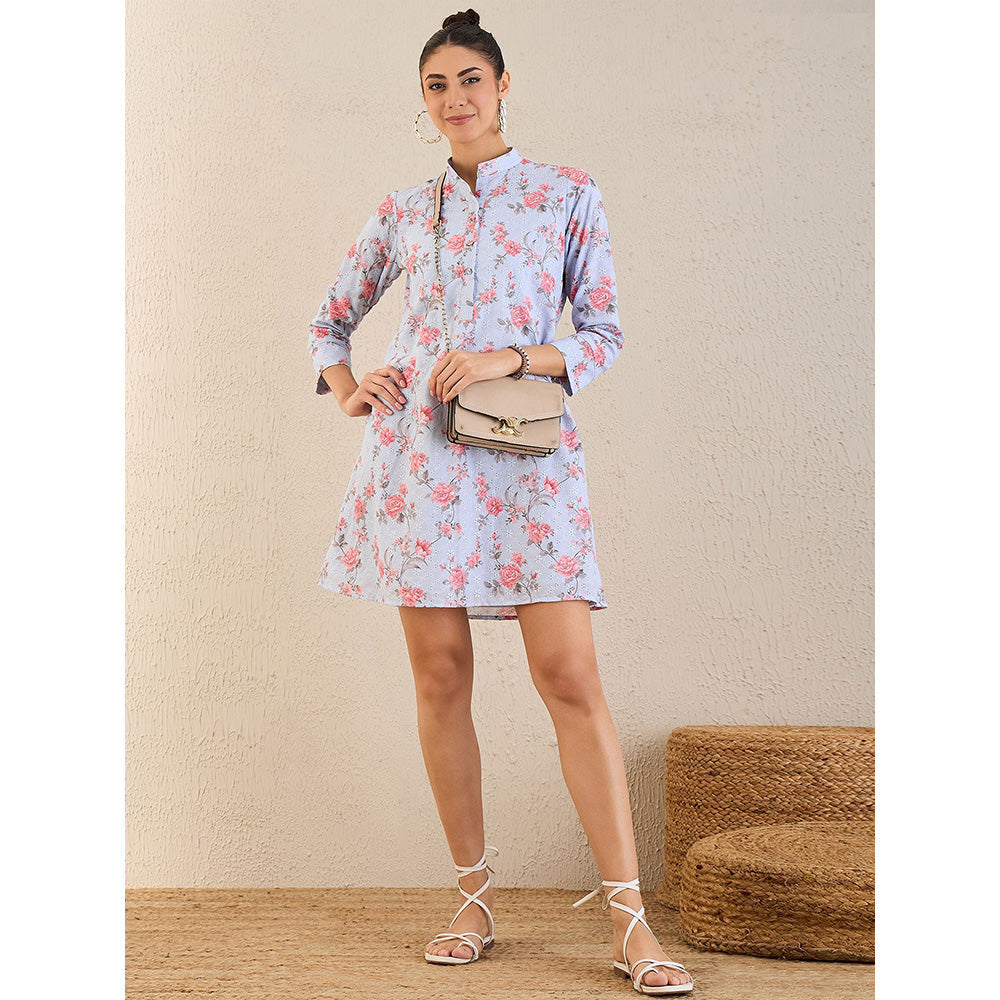 First Resort by Ramola Bachchan Ice Blue Floral Print Schiffli Dress