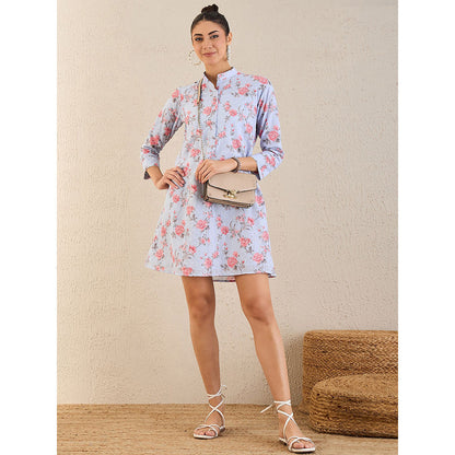 First Resort by Ramola Bachchan Ice Blue Floral Print Schiffli Dress