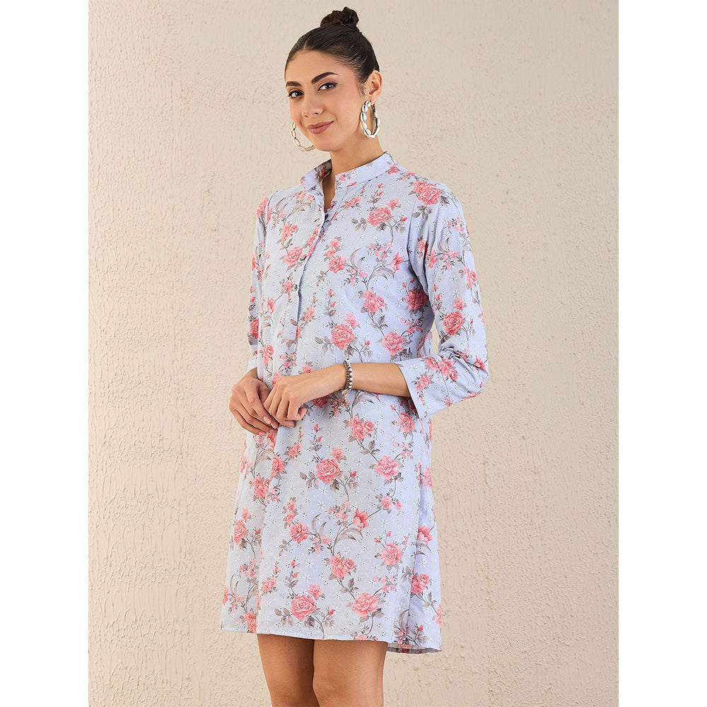 First Resort by Ramola Bachchan Ice Blue Floral Print Schiffli Dress