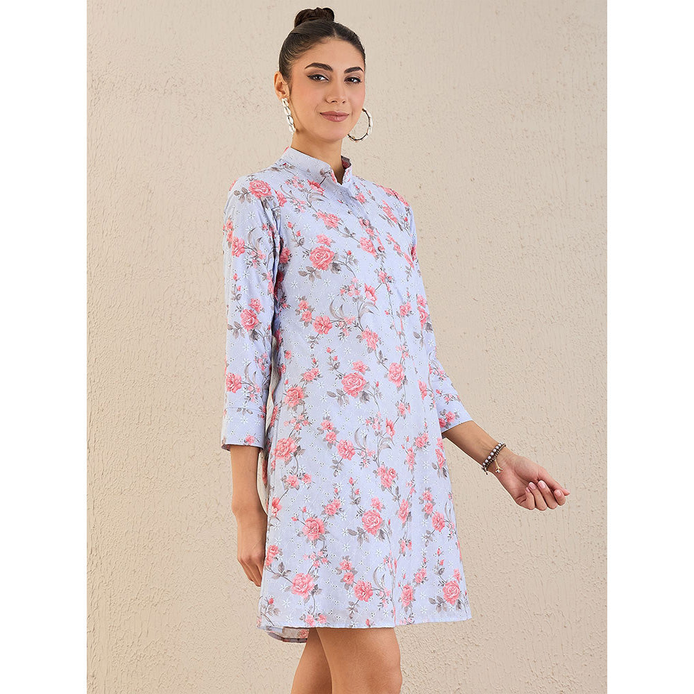First Resort by Ramola Bachchan Ice Blue Floral Print Schiffli Dress