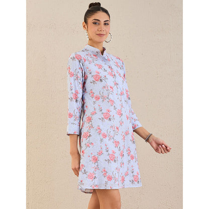 First Resort by Ramola Bachchan Ice Blue Floral Print Schiffli Dress