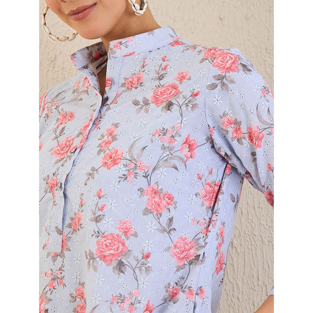 First Resort by Ramola Bachchan Ice Blue Floral Print Schiffli Dress
