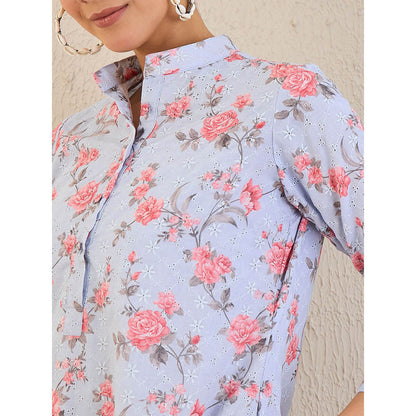 First Resort by Ramola Bachchan Ice Blue Floral Print Schiffli Dress