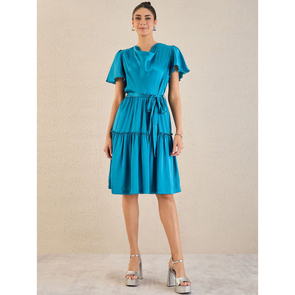 First Resort by Ramola Bachchan True Blue Cowl Neck Satin Dress with Belt (Set of 2)