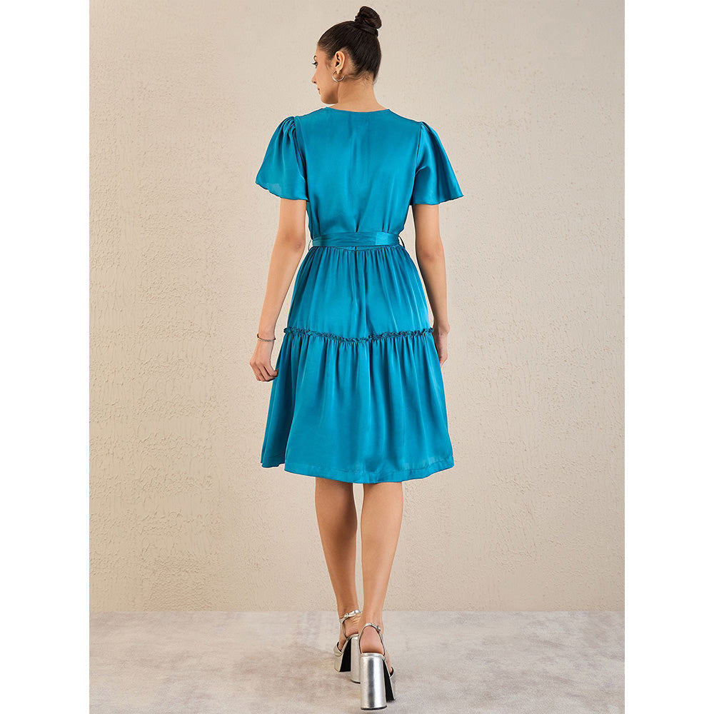 First Resort by Ramola Bachchan True Blue Cowl Neck Satin Dress with Belt (Set of 2)