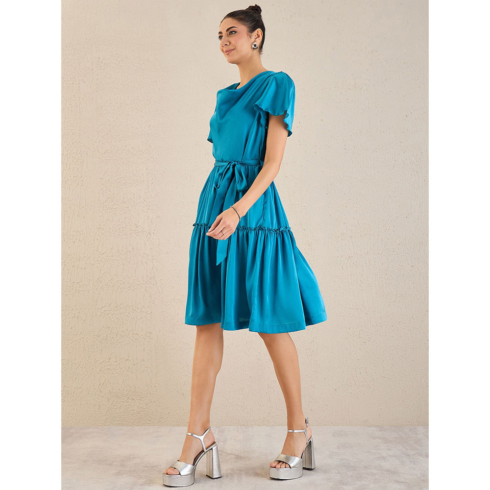 First Resort by Ramola Bachchan True Blue Cowl Neck Satin Dress with Belt (Set of 2)