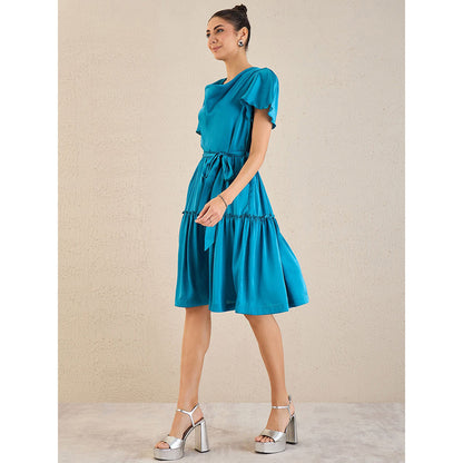 First Resort by Ramola Bachchan True Blue Cowl Neck Satin Dress with Belt (Set of 2)
