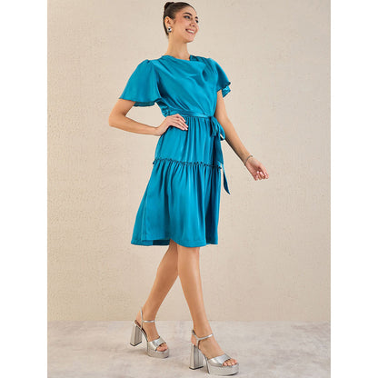 First Resort by Ramola Bachchan True Blue Cowl Neck Satin Dress with Belt (Set of 2)