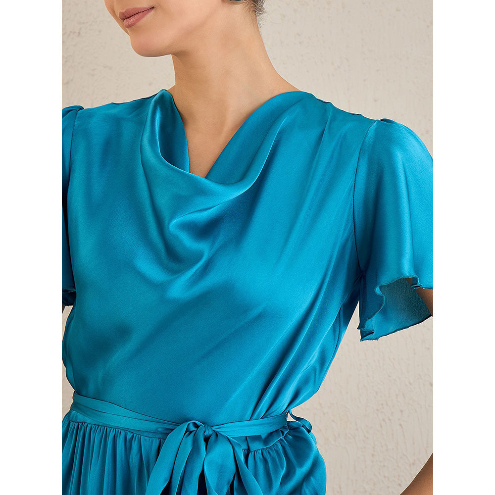First Resort by Ramola Bachchan True Blue Cowl Neck Satin Dress with Belt (Set of 2)