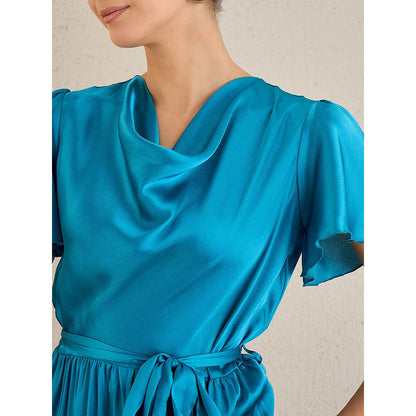First Resort by Ramola Bachchan True Blue Cowl Neck Satin Dress with Belt (Set of 2)