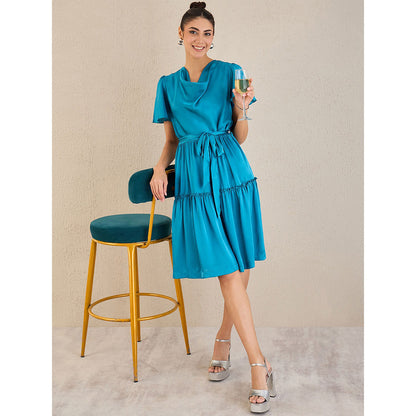 First Resort by Ramola Bachchan True Blue Cowl Neck Satin Dress with Belt (Set of 2)