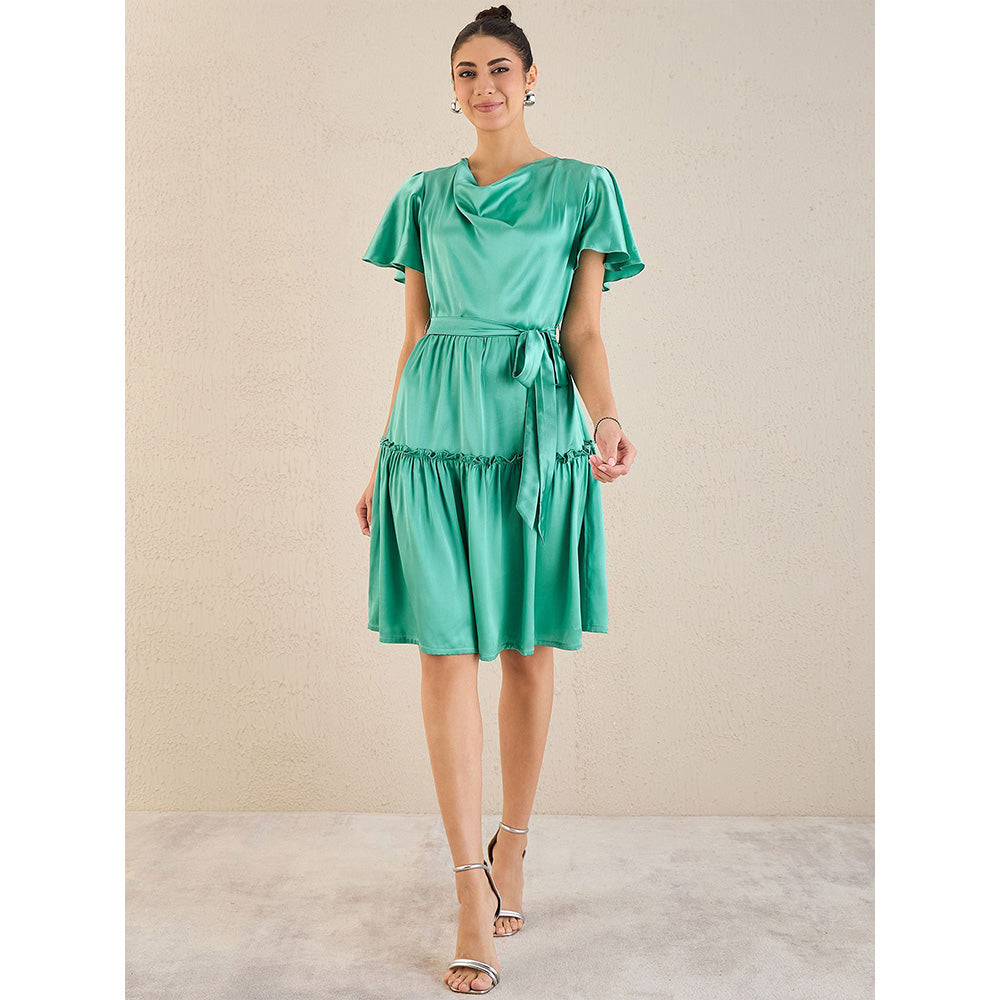 First Resort by Ramola Bachchan Turquoise Cowl Neck Satin Dress with Belt (Set of 2)