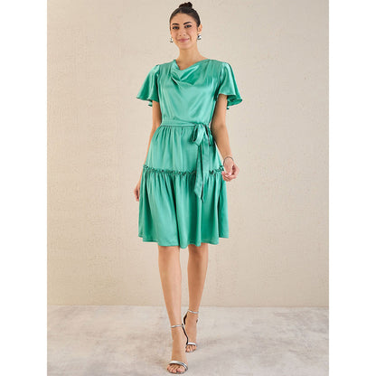 First Resort by Ramola Bachchan Turquoise Cowl Neck Satin Dress with Belt (Set of 2)
