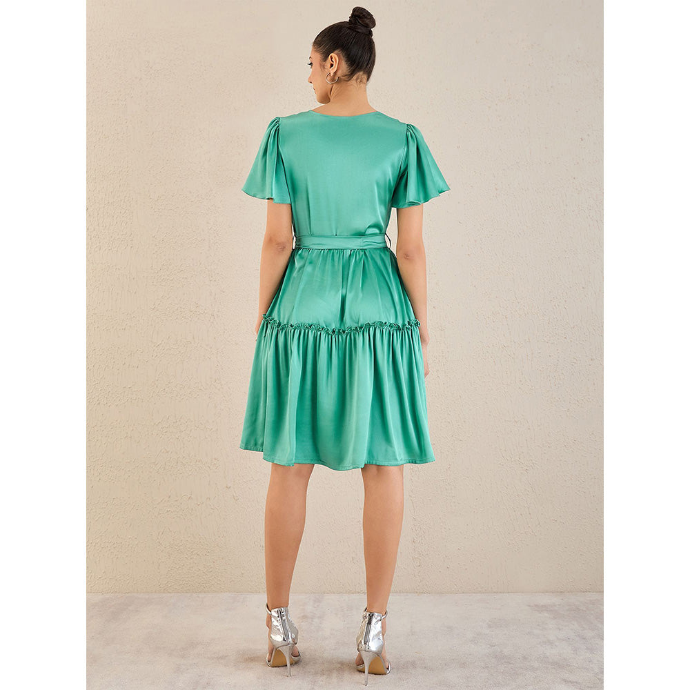 First Resort by Ramola Bachchan Turquoise Cowl Neck Satin Dress with Belt (Set of 2)