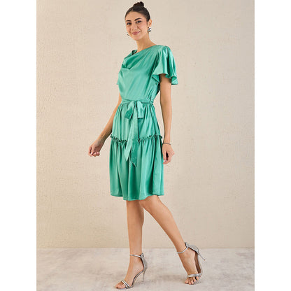 First Resort by Ramola Bachchan Turquoise Cowl Neck Satin Dress with Belt (Set of 2)