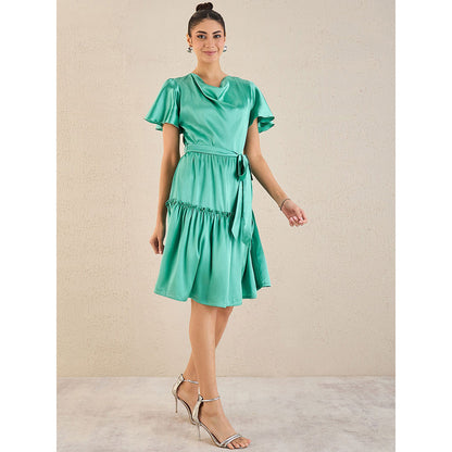 First Resort by Ramola Bachchan Turquoise Cowl Neck Satin Dress with Belt (Set of 2)