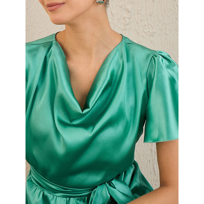 First Resort by Ramola Bachchan Turquoise Cowl Neck Satin Dress with Belt (Set of 2)