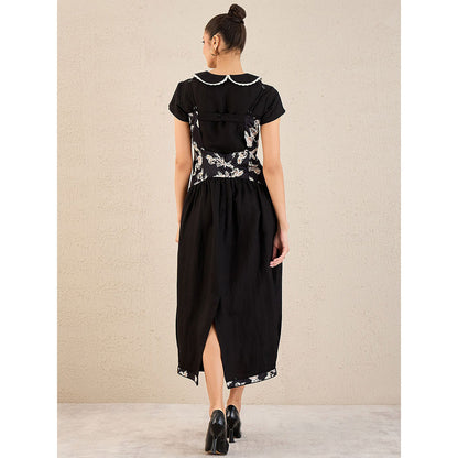 First Resort by Ramola Bachchan Black Baroque Print Linen Midi Dress with Top (Set of 2)