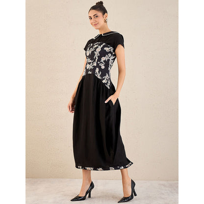 First Resort by Ramola Bachchan Black Baroque Print Linen Midi Dress with Top (Set of 2)