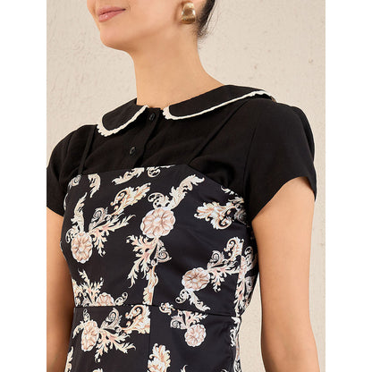 First Resort by Ramola Bachchan Black Baroque Print Linen Midi Dress with Top (Set of 2)