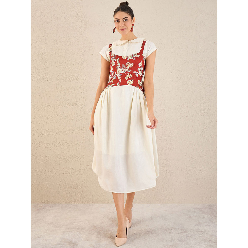 First Resort by Ramola Bachchan Off-White Baroque Print Linen Midi Dress with Top (Set of 2)
