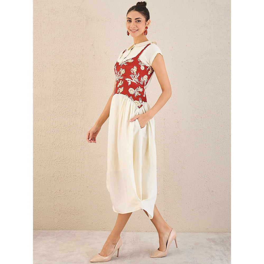 First Resort by Ramola Bachchan Off-White Baroque Print Linen Midi Dress with Top (Set of 2)